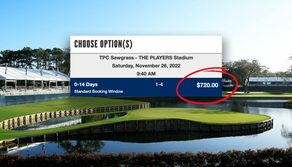 Mange av oss drømmer om en runde på TPC Sawgrass i Florida. Men det blir nok med drømmen akkurat nå. Greenfee for én person koster 720 dollar. (Foto: Getty/Montasje: Norsk Golf) Mange av oss drømmer om en runde på TPC Sawgrass i Florida. Men det blir nok med drømmen akkurat nå. Greenfee for én person koster 720 dollar. (Foto: Getty/Montasje: Norsk Golf)