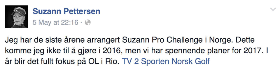 Tutta bekrefter: Ikke Suzann Pro Challenge i 2016
