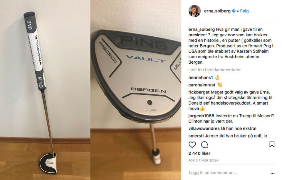 Solberg ga «norsk» golfkølle i gave til Trump