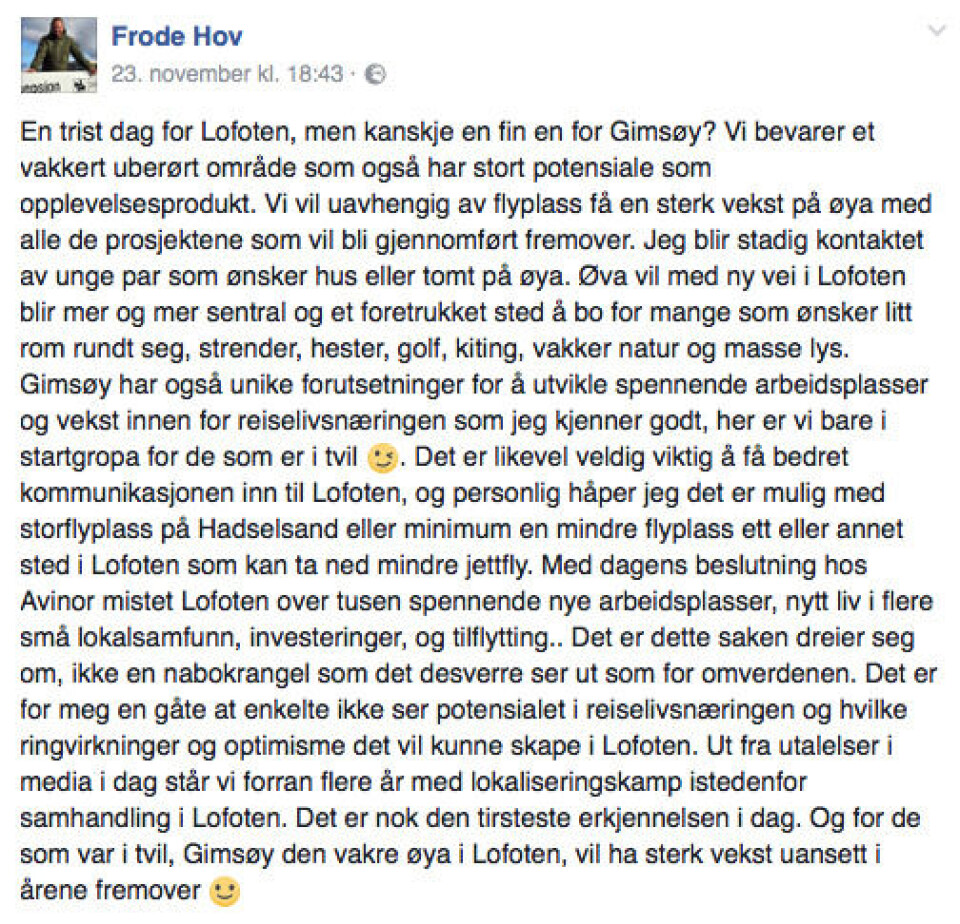 Ingen flyplass ved Lofoten Links