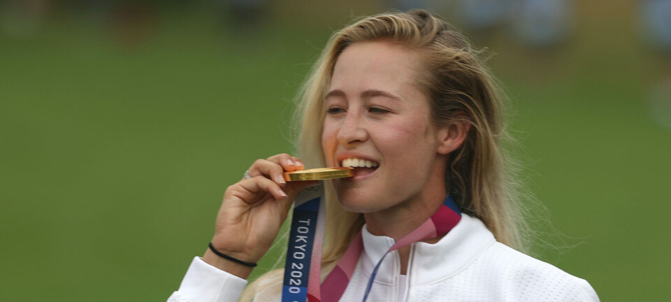 Honda LPGA Thailand KAWAGOE, JAPAN - AUGUST 07: Nelly Korda of Team United States celebrates with the gold medal at the victory ceremony after the final round of the Women's Individual Stroke Play on day fifteen of the Tokyo 2020 Olympic Games at Kasumigaseki Country Club on August 07, 2021 in Kawagoe, Japan. (Photo by Mike Ehrmann/Getty Images)