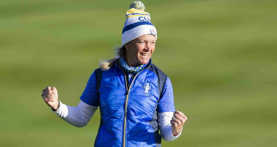 GLENEAGLES, SCOTLAND - SEPTEMBER 15: Team Europe's Suzann Petersen sinks the putt to win the 2019 Solheim Cup, at Gleneagles, on September 15, 2019, in Scotland. (Photo by Bruce White/SNS Group via Getty Images)