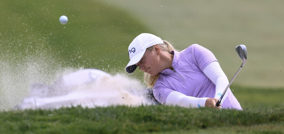 CLIFTON, NEW JERSEY - MAY 13: Celine Borge of Norway plays a shot from a bunker on the third hole during the third round of the Cognizant Founders Cup at Upper Montclair Country Club on May 13, 2023 in Clifton, New Jersey. (Photo by Mike Stobe/Getty Images)