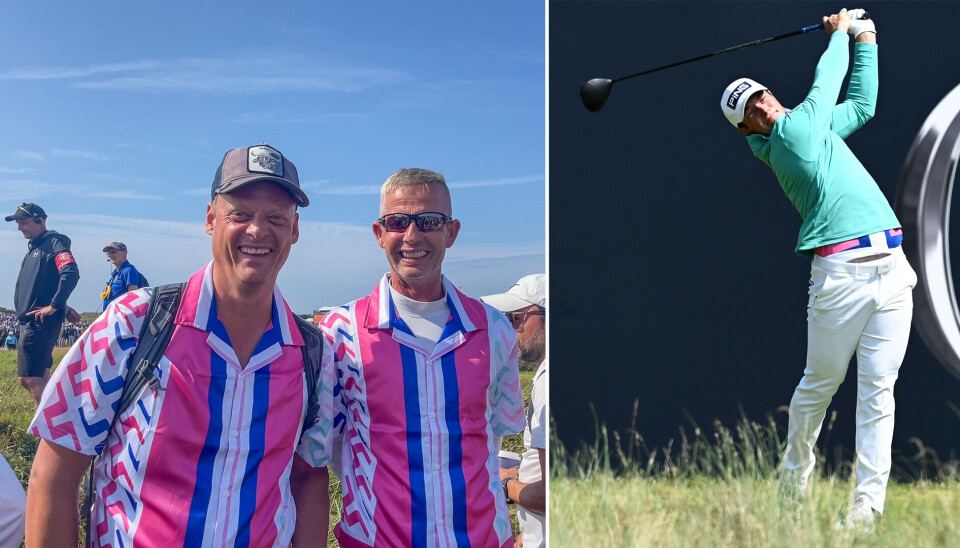 Stian Leirstein (t.v.) og Sven Torgersen har et mål om matche antrekkene til Viktor Hovland hver dag. Dessverre fikk man ikke ordentlig se t-skjorten til verdensstjernen torsdag. Stian Leirstein (t.v.) og Sven Torgersen har et mål om matche antrekkene til Viktor Hovland hver dag. Dessverre fikk man ikke ordentlig se t-skjorten til verdensstjernen torsdag.