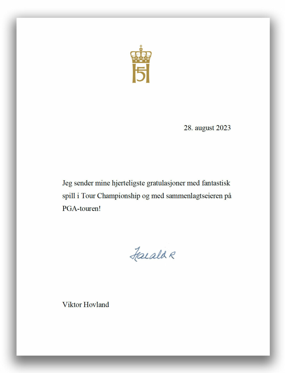 Her er den offisielle gratulasjonen fra Kong Harald til Viktor Hovland.