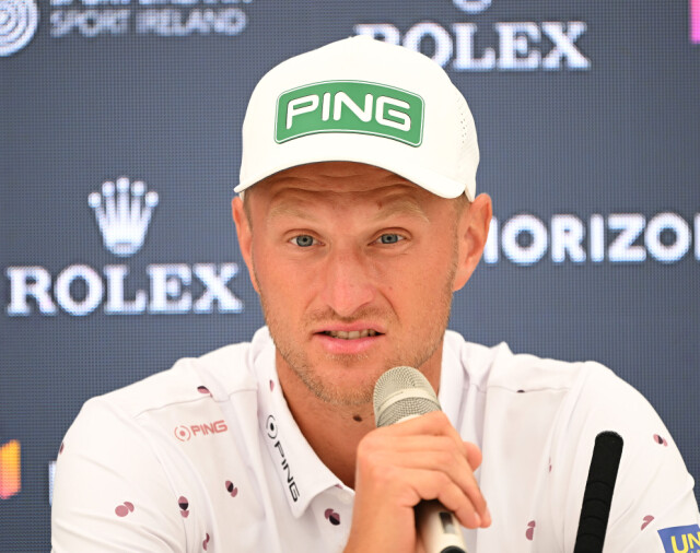 STRAFFAN, IRELAND - SEPTEMBER 06: Adrian Meronk of Poland speaks in a press conference prior to the Horizon Irish Open at The K Club on September 06, 2023 in Straffan, Ireland. (Photo by Ross Kinnaird/Getty Images)