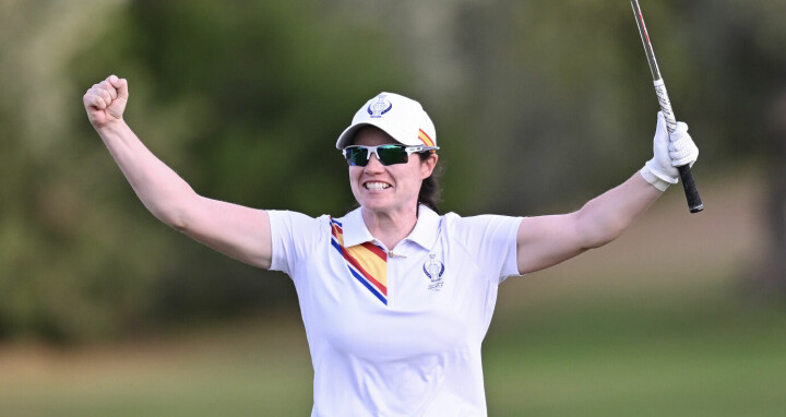 CASARES, SPAIN - SEPTEMBER 22: Leona Maguire of Team Europe reacts to chipping in on the 18th hole during Day One of The Solheim Cup at Finca Cortesin Golf Club on September 22, 2023 in Casares, Spain. (Photo by Stuart Franklin/Getty Images)