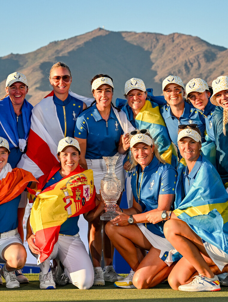 CASARES, SPAIN - SEPTEMBER 24:  Team Europe poses for a group photo with the Solheim Cup after defeating Team USA during Day Three of The Solheim Cup at Finca Cortesin Golf Club on September 24, 2023 in Casares, Spain. (Photo by Stuart Franklin/Getty Images)