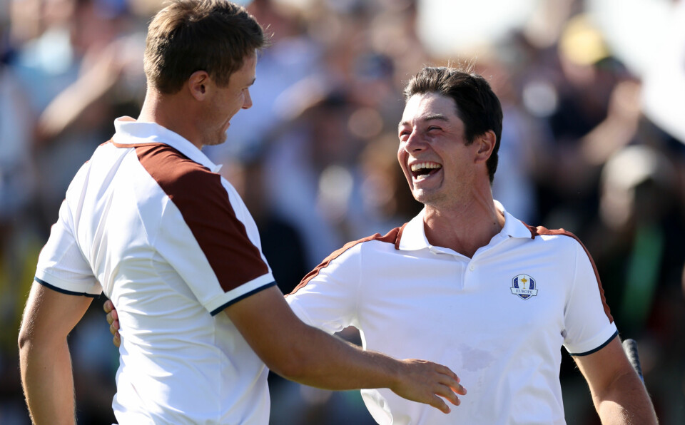 ROME, ITALY - SEPTEMBER 30: Ludwig Aberg of Team Europe and his partner Viktor Hovland celebrate after they defeated Brooks Koepka and Scottie Scheffler of Team USA by a record margin of 9&7 during the Saturday morning foursomes matches of the 2023 Ryder Cup at Marco Simone Golf Club on September 30, 2023 in Rome, Italy. (Photo by Naomi Baker/Getty Images)
