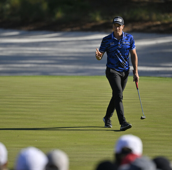 PONTE VEDRA BEACH, FLORIDA - MARCH 14: Viktor Hovland of Norway reacts on the 14th green during the first round of THE PLAYERS Championship at Stadium Course at TPC Sawgrass on March 14, 2024 in Ponte Vedra Beach, Florida. (Photo by Ben Jared/PGA TOUR via Getty Images)