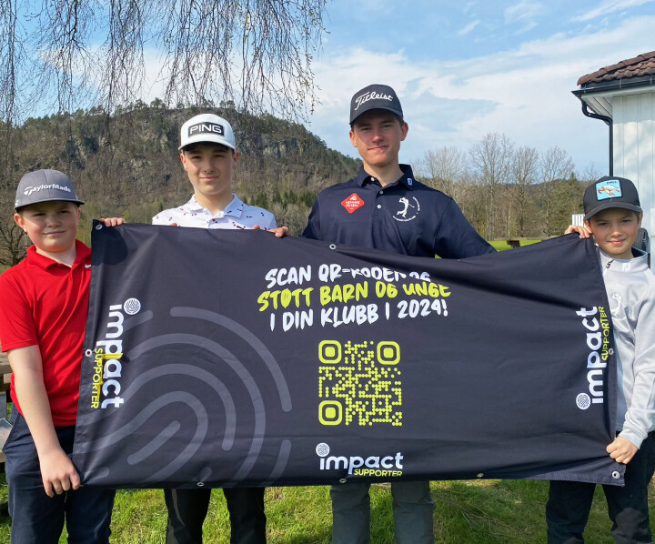 Noah Sordal-Pettersen (f.v.), Sander Magnussen, Eskil J. Svenkerud og Theodor Zachariassen i Bjaavann GK rekrutterte 40 nye supportere. De oppfordrer flere golfere til å støtte juniorarbeidet i norske klubber.