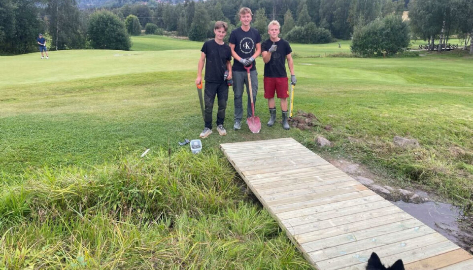 Eirik, Bendik og Syver viser stolt fra broen som de har laget for damene på golfklubben.