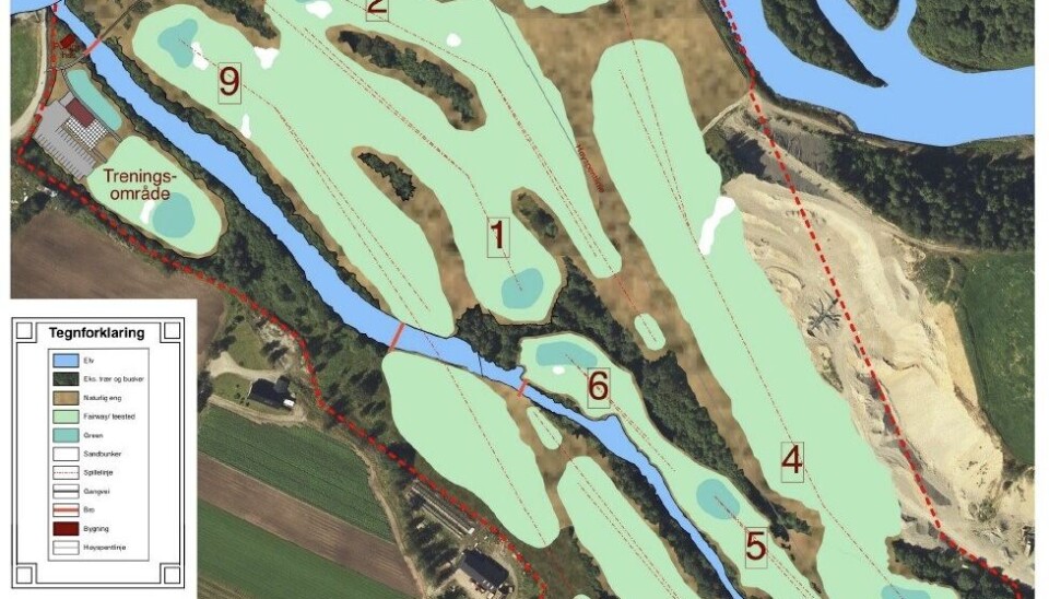 Slik ser planene ut for Lærdal Golfklubb sin ni hulls golfbane som fortsatt står på vent.