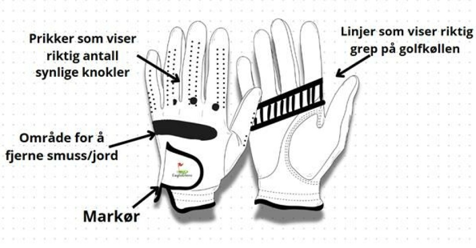Skissen av denne prototypen deler tankene bak Eagle Glove. Bildet viser en venstre- og en høyrehanske, men alle hjelpemidlene vil være tilstede på én og samme hanske – og hansken vil produseres for både de som spiller «vanlig vei» og de som spiller links.