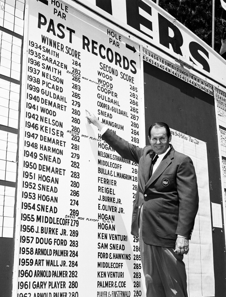 Ralph Guldahl var tilbake i Masters i i 1964. Her peker han tavlen med hans historiske vinnerscore på 279 slag i 1939.