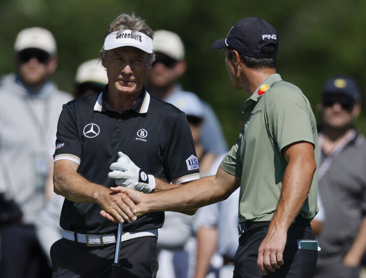 Viktor Hovland spilte innspillsrunde med den tyske legenden Bernhard Langer. 67-åringen har vunnet turneringen to ganger tidligere og spiller i år sin 41., og siste, gang.