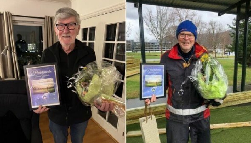 Norman Gåsdal til venstre og Ståle Eikrem er de to første som har fått Hedersmerke i Ålesund Golfklubb.
