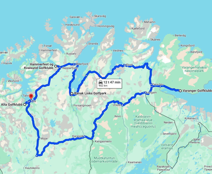 Totalt 902 kilometer er det mellom de fire golfklubbene som golfpresidenten besøkte i Finnmark.
