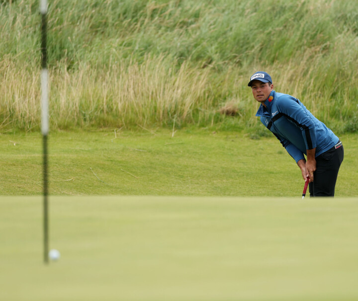 PORTRUSH, NORTHERN IRELAND - JULY 17: Viktor Hovland of Norway reacts to a putt on the 13th green during day one of The 153rd Open Championship at Royal Portrush Golf Club on July 17, 2025 in Portrush, Northern Ireland. (Photo by Richard Heathcote/Getty Images)