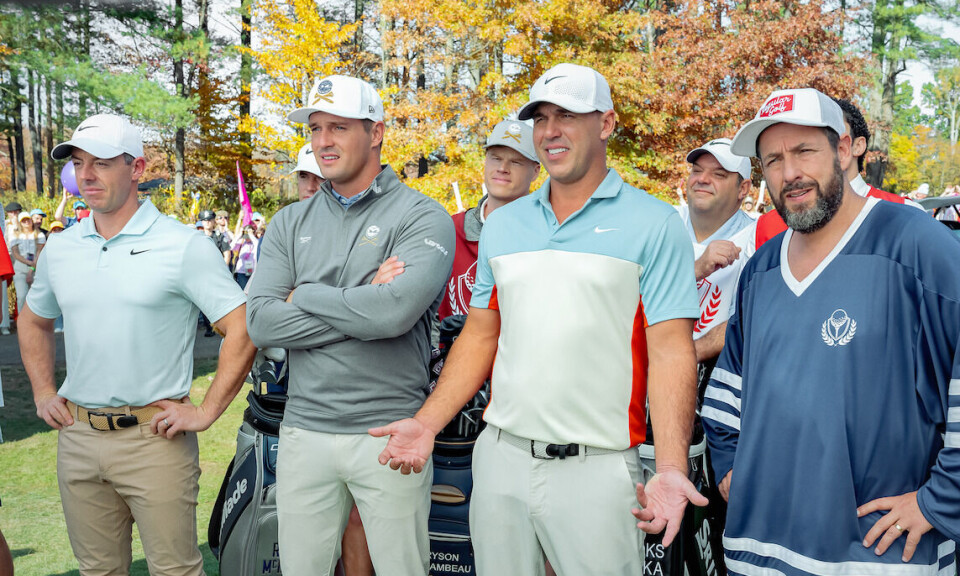 Golfere har blitt skuespillere i denne filmen. McIlroy (f.v.), DeChambeau og Koepka er bare noen av de mange golferne som stiller ved siden av Adam Sandler i oppfølgeren.