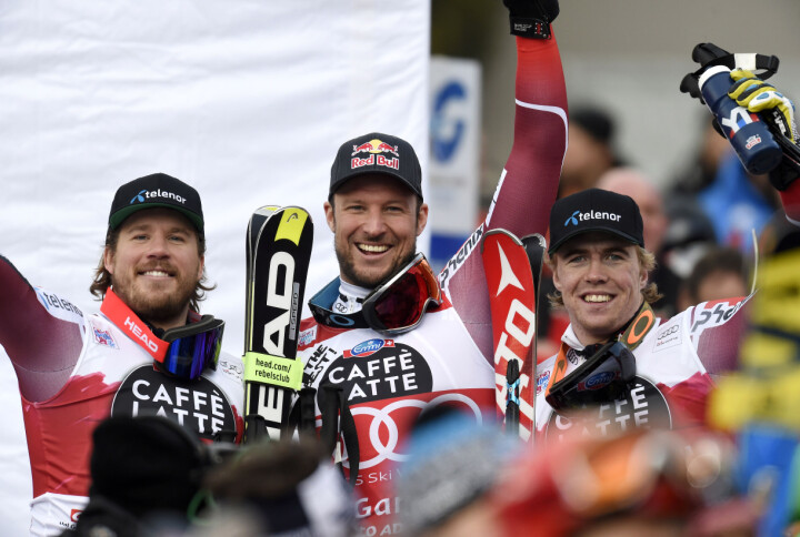 Kjetil Jansrud (t.v.), Aksel Lund Svindal og Aleksander Aamodt Kilde har gjort stor suksess som et lag – til tross for at alpint er en individuell idrett. Her fra World Cup-rennet i Val Gardena i 2015.
