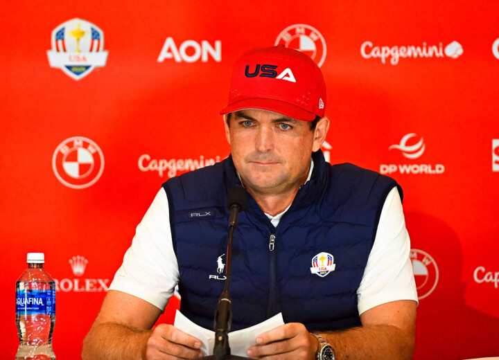 Keegan Bradley under pressekonferansen der han tok ut USAs lag.