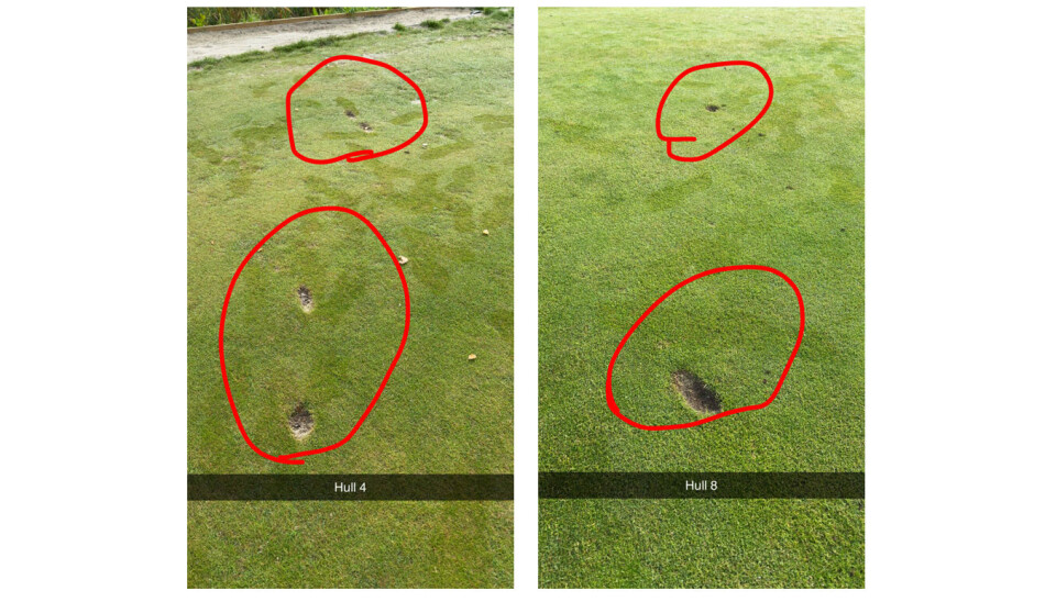 Giske Golfklubb fikk oppleve hærverk på hull 4 og 8 på golfbanen.